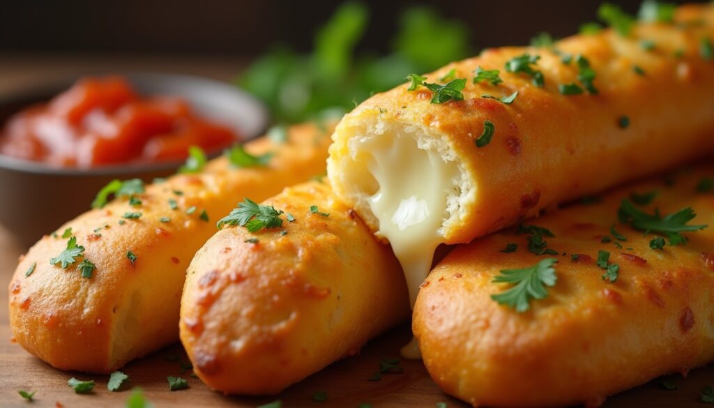 Golden, cheesy garlic breadsticks with melted cheese and fresh parsley, served with marinara sauce.