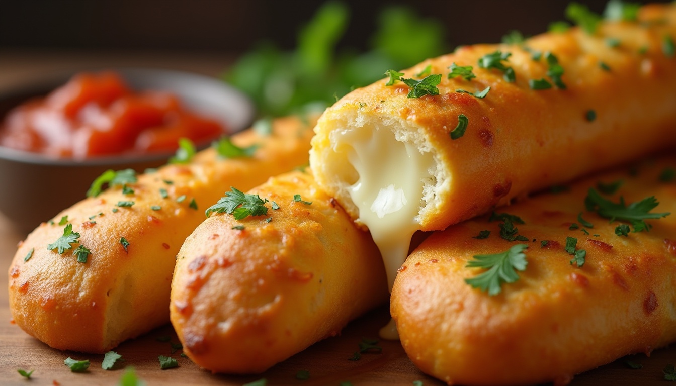 Golden, cheesy garlic breadsticks with melted cheese and fresh parsley, served with marinara sauce.