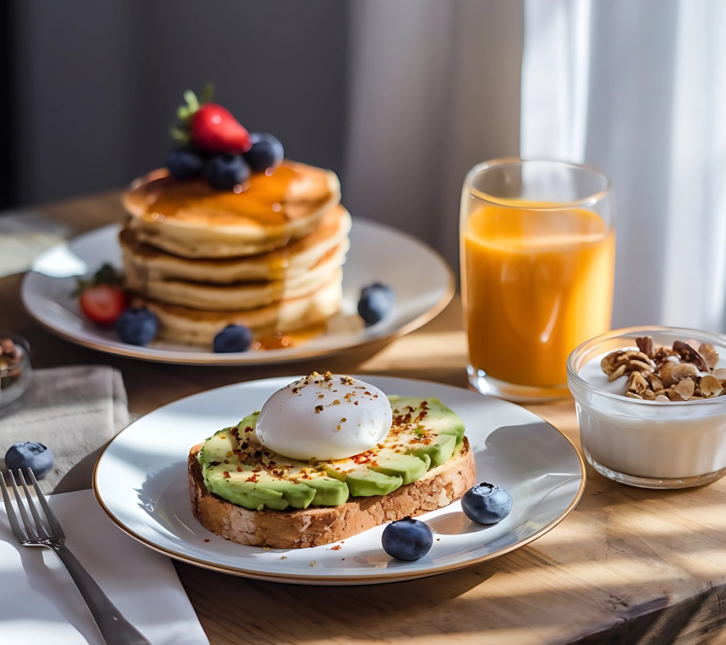 A nutritious breakfast spread featuring avocado toast with a poached egg, a stack of pancakes with berries and syrup, a glass of orange juice, and a bowl of yogurt with nuts.