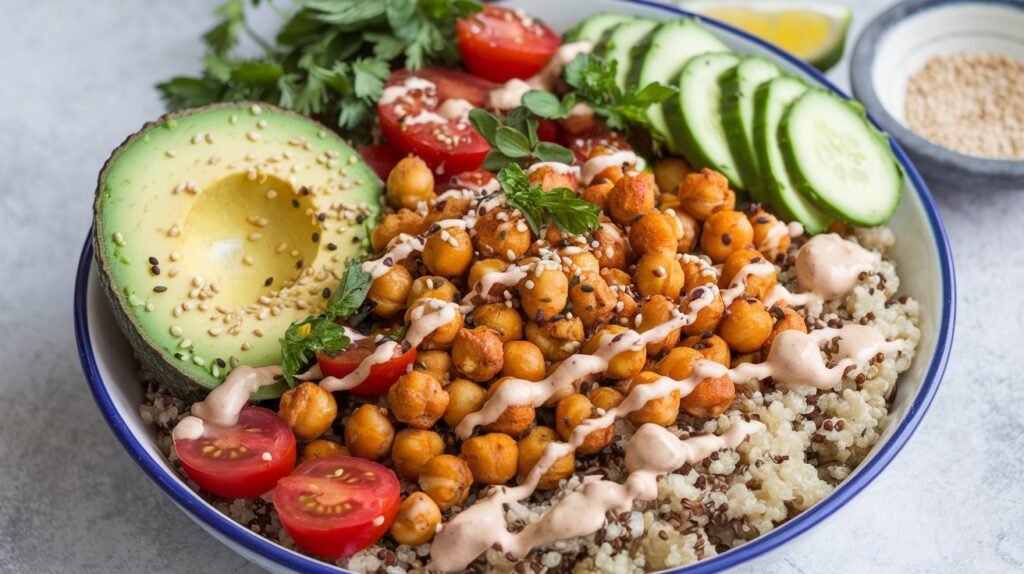 A vibrant Buddha bowl with crispy roasted chickpeas, quinoa, avocado, cherry tomatoes, cucumber slices, and a drizzle of creamy dressing.