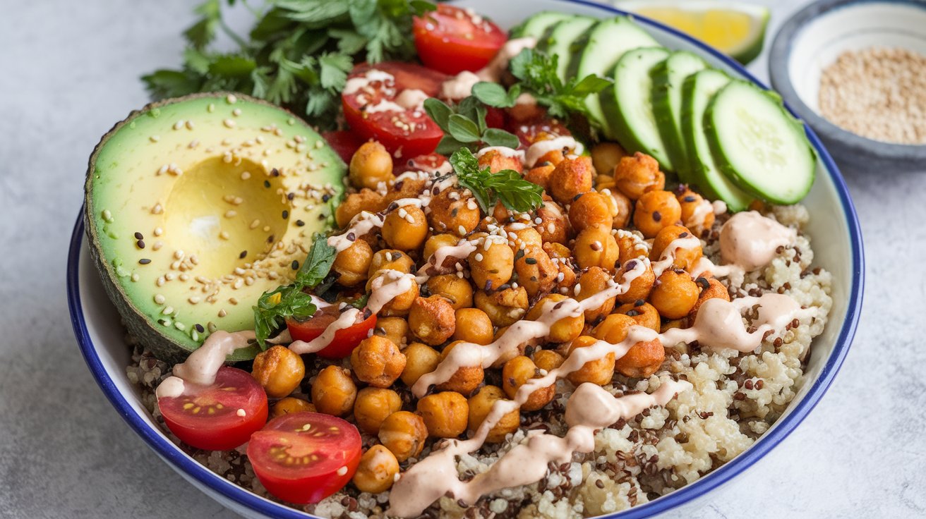 A vibrant Buddha bowl with crispy roasted chickpeas, quinoa, avocado, cherry tomatoes, cucumber slices, and a drizzle of creamy dressing.