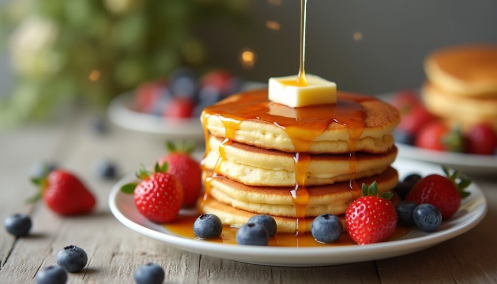 A stack of fluffy golden pancakes topped with butter and drizzled with maple syrup, served with fresh strawberries and blueberries.