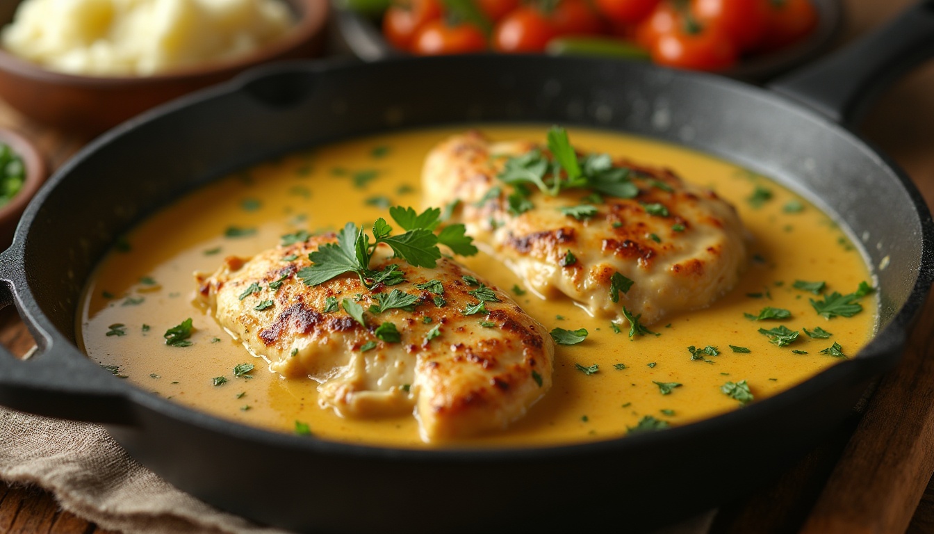 Juicy chicken breasts in a creamy garlic butter sauce, garnished with fresh parsley, served in a skillet.